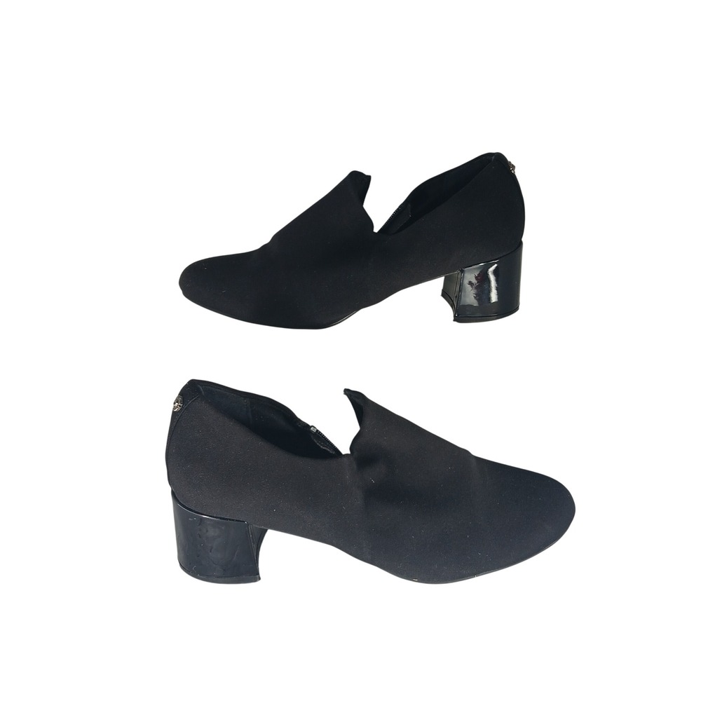 Anne Klein Huxton Booties 9M Black Fabric Block Heel Minimalist Ankle Boots